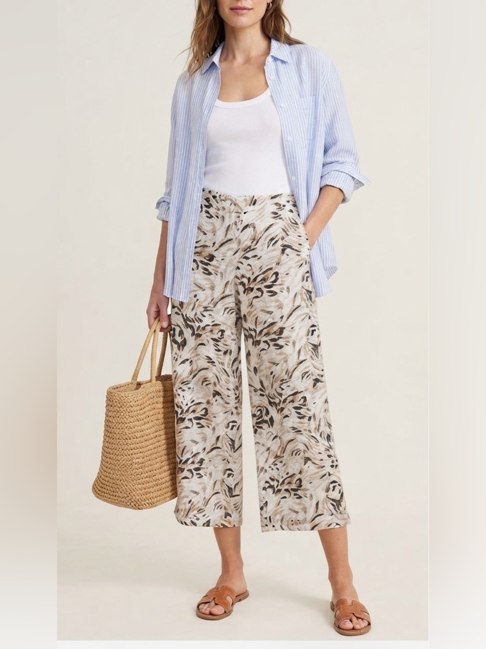 Tahari 100% Linen Beige & Brown Leaf-Print Wide-Leg Pants